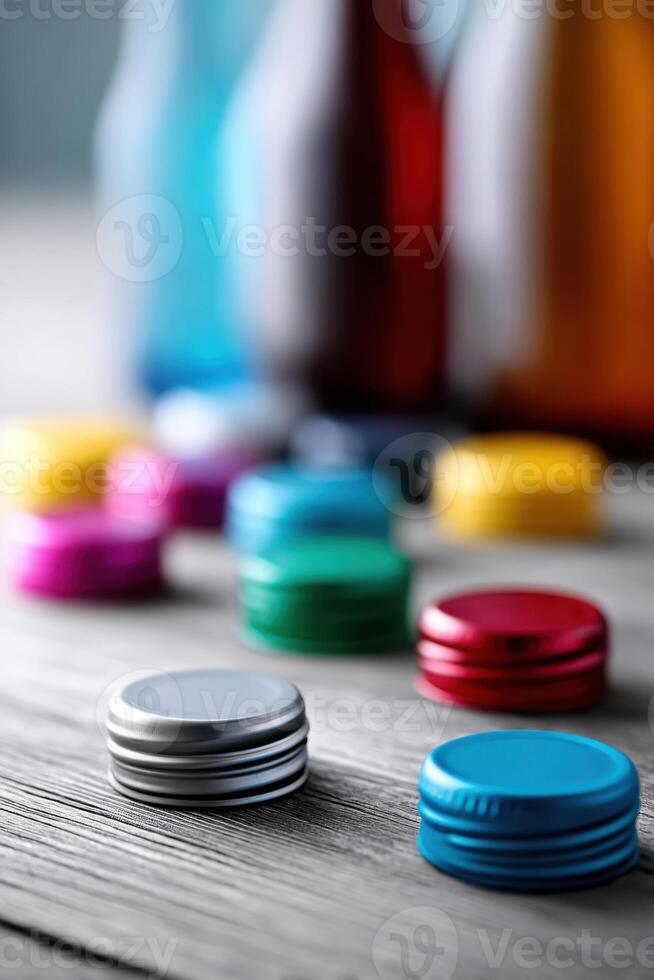 Colorful bottle caps create a vibrant and cheerful display on a wooden surface in a bright light photo
