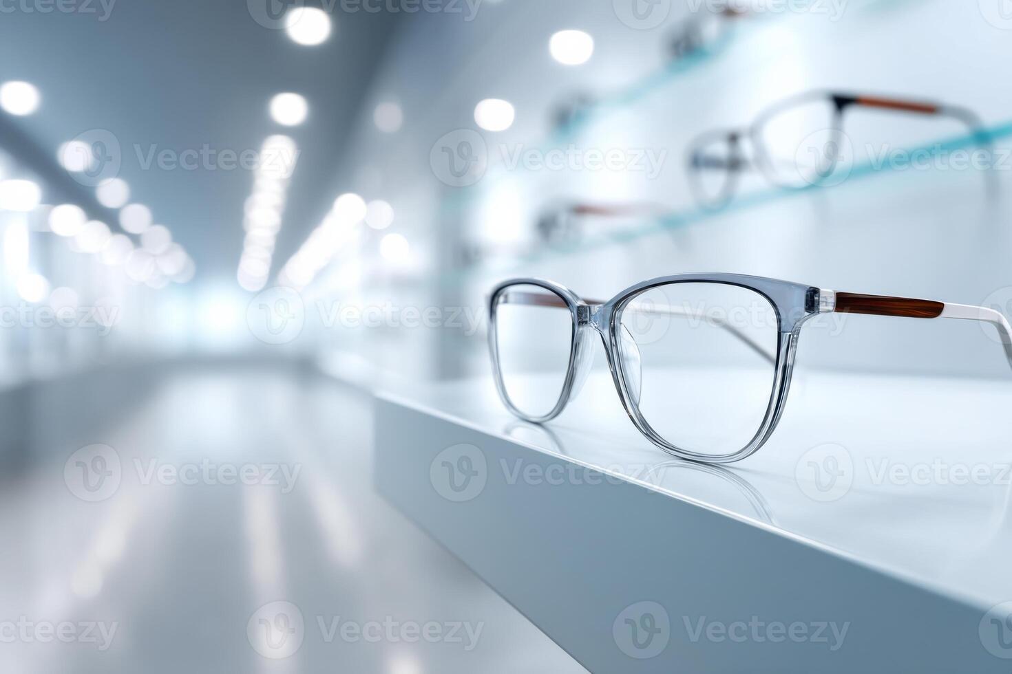 Bright room displaying a variety of eyeglasses with a spacious central area for potential use photo