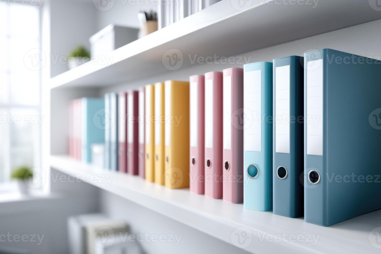 Bright office room with colorful folders highlighting organization and productivity photo