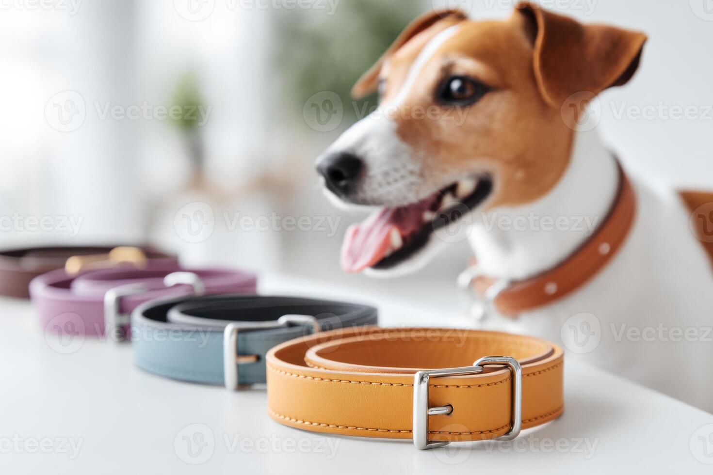 Colorful dog collars displayed with a happy dog on a white surface, ideal for pet lovers and accessorizing photo