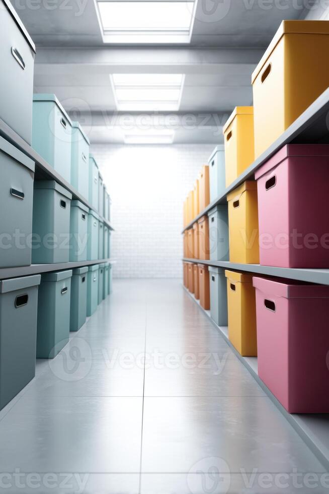 Vivid archive boxes stacked in a spacious warehouse with room for creativity and organization photo