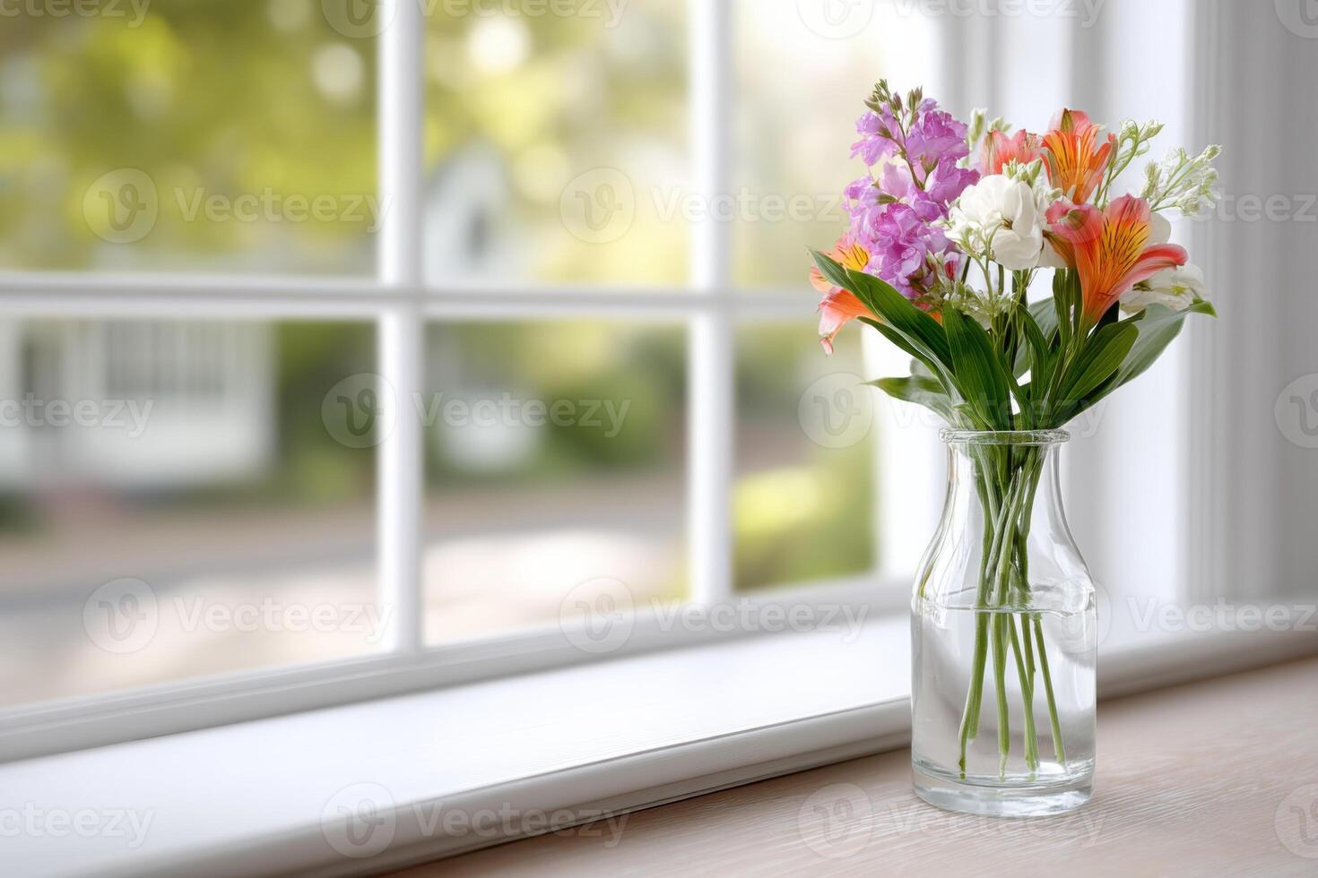 Bright and colorful flowers on a windowsill creating a cheerful atmosphere in a lively setting photo