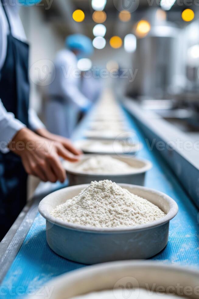Dough manufacturing process in a lively factory setting with artistic representation of production activities photo