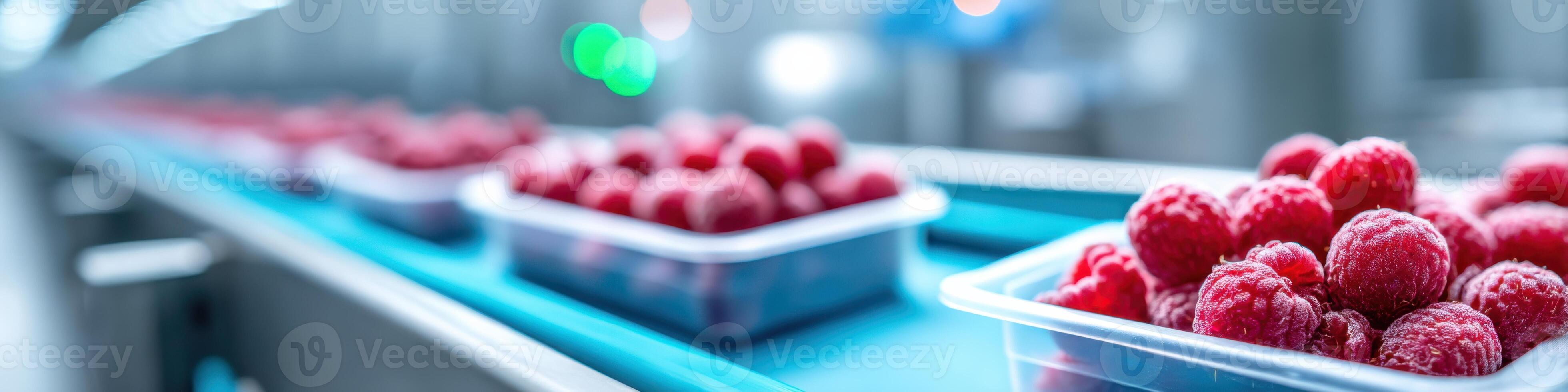 Dynamic view of berries being frozen and packaged in a bright factory setting with ample space for text display photo