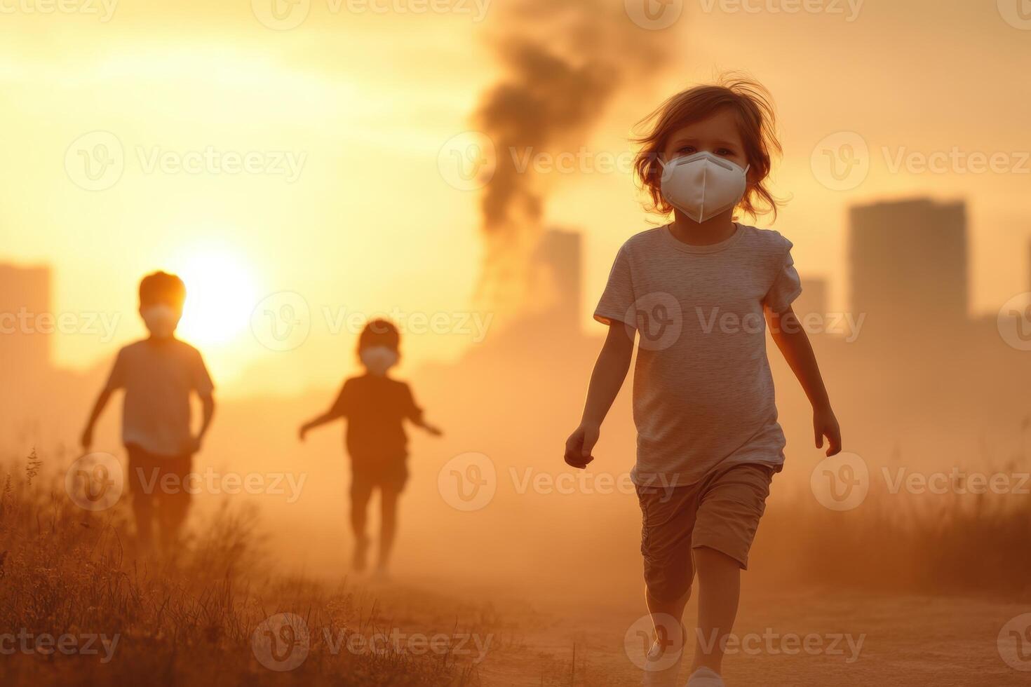 Family navigates air quality crisis outdoors in city with visible pollution and children playing cautiously photo