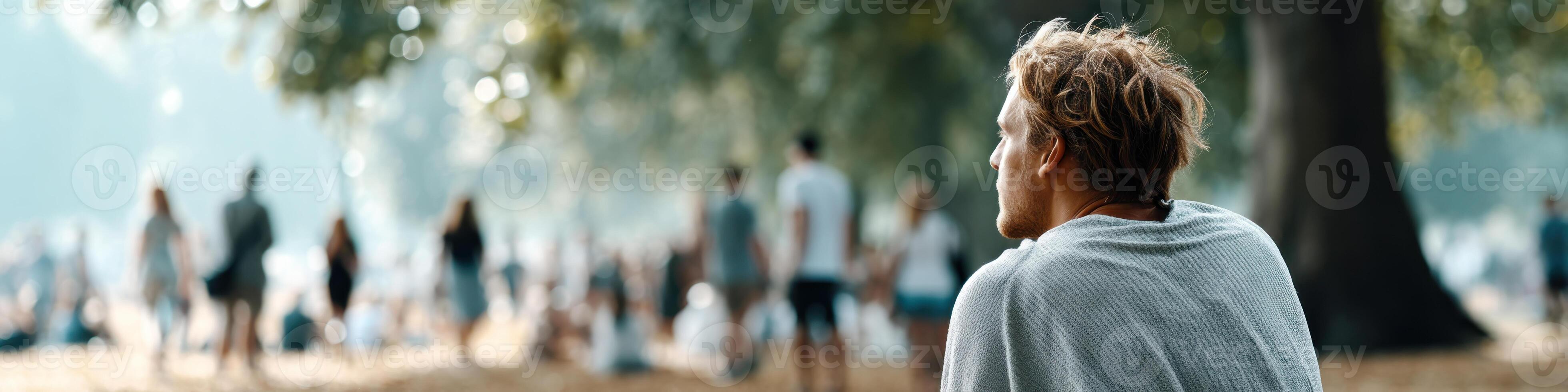 Finding peace in solitude within a crowded park during a sunny afternoon photo