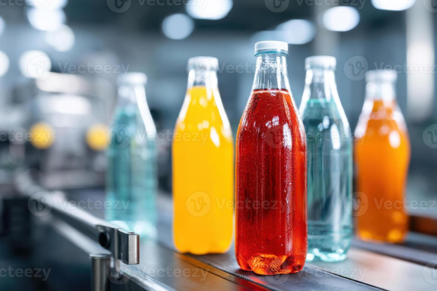 Bright factory environment for producing colorful soft drinks with efficient machinery and vibrant bottles photo