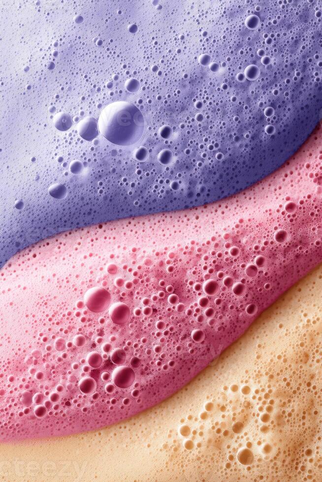 Vibrant artistic illustration of bath foam in colorful textures and bubbles on a clean background photo