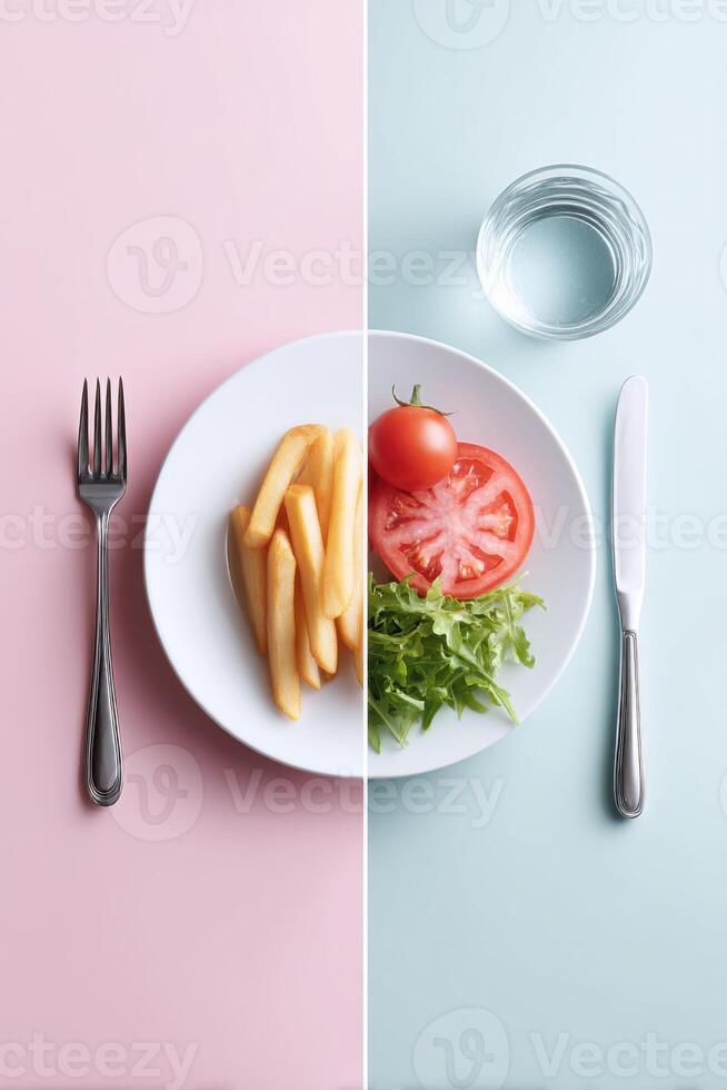 Weight changes highlighted through a split image of an unhealthy meal and a balanced plate of nutrition photo