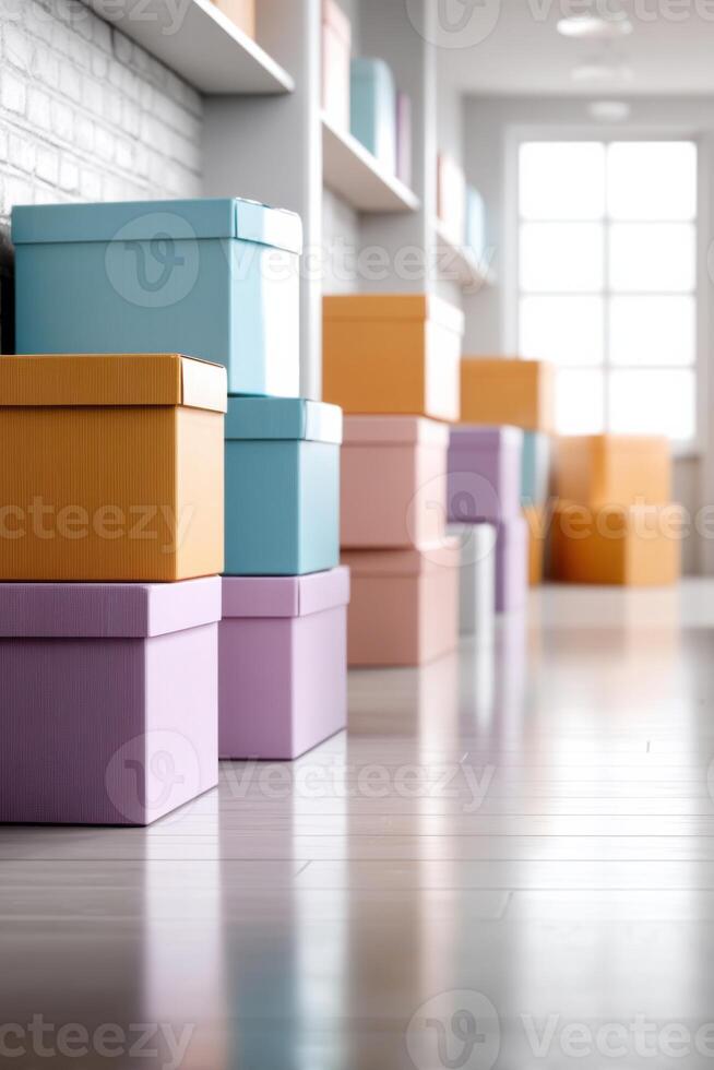 Colorful cardboard boxes stacked neatly in a lively garage with clear copy space for creative projects photo
