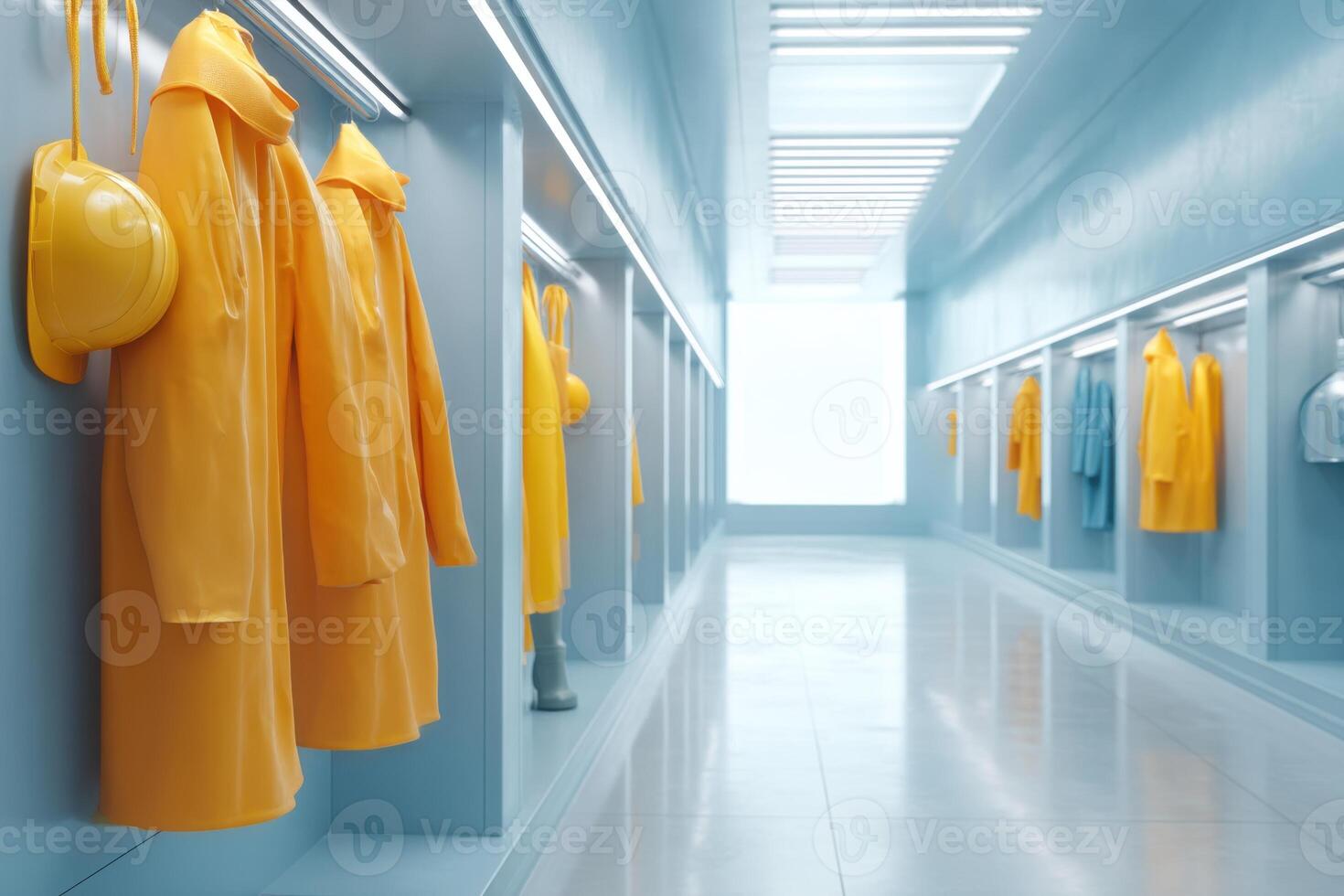 Bright room with vibrant protective gear displayed along walls and open space in the center for activities photo