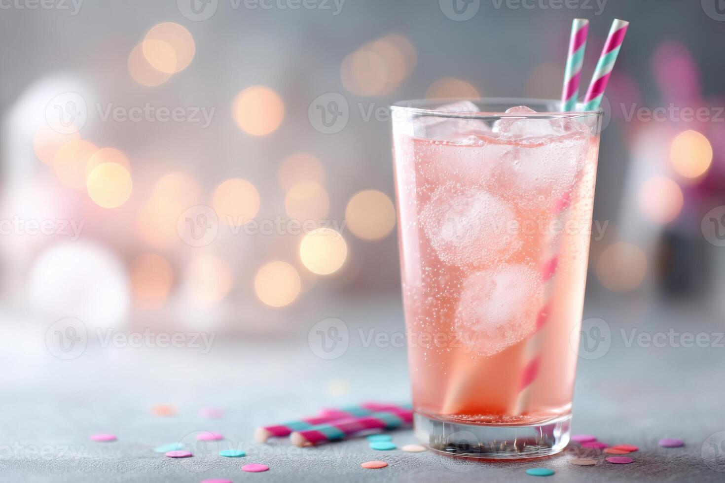 Vibrant soda pop in a clear glass with ice and colorful straws set against a festive backdrop photo
