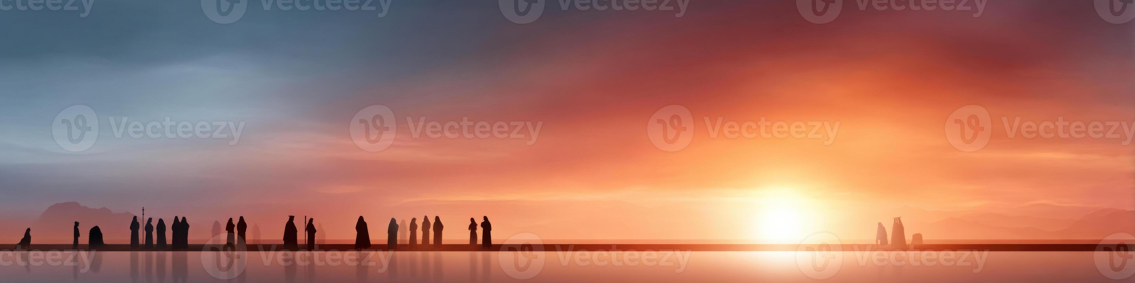 Gathering of unity and promise under a vibrant sky at sunset photo