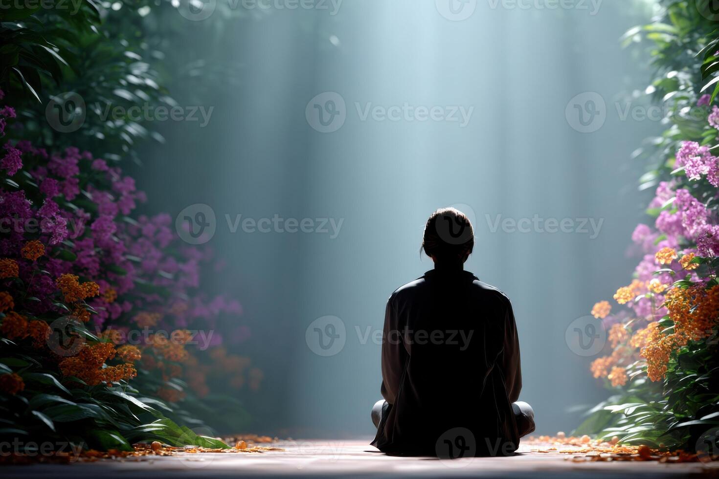 Meditation in a vibrant garden spotlighted by soft light and surrounded by colorful flowers photo