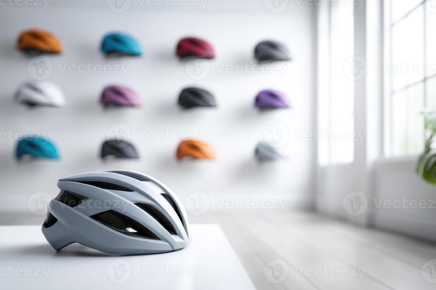 Bright room showcasing various bicycle helmets on display with open space for creativity photo