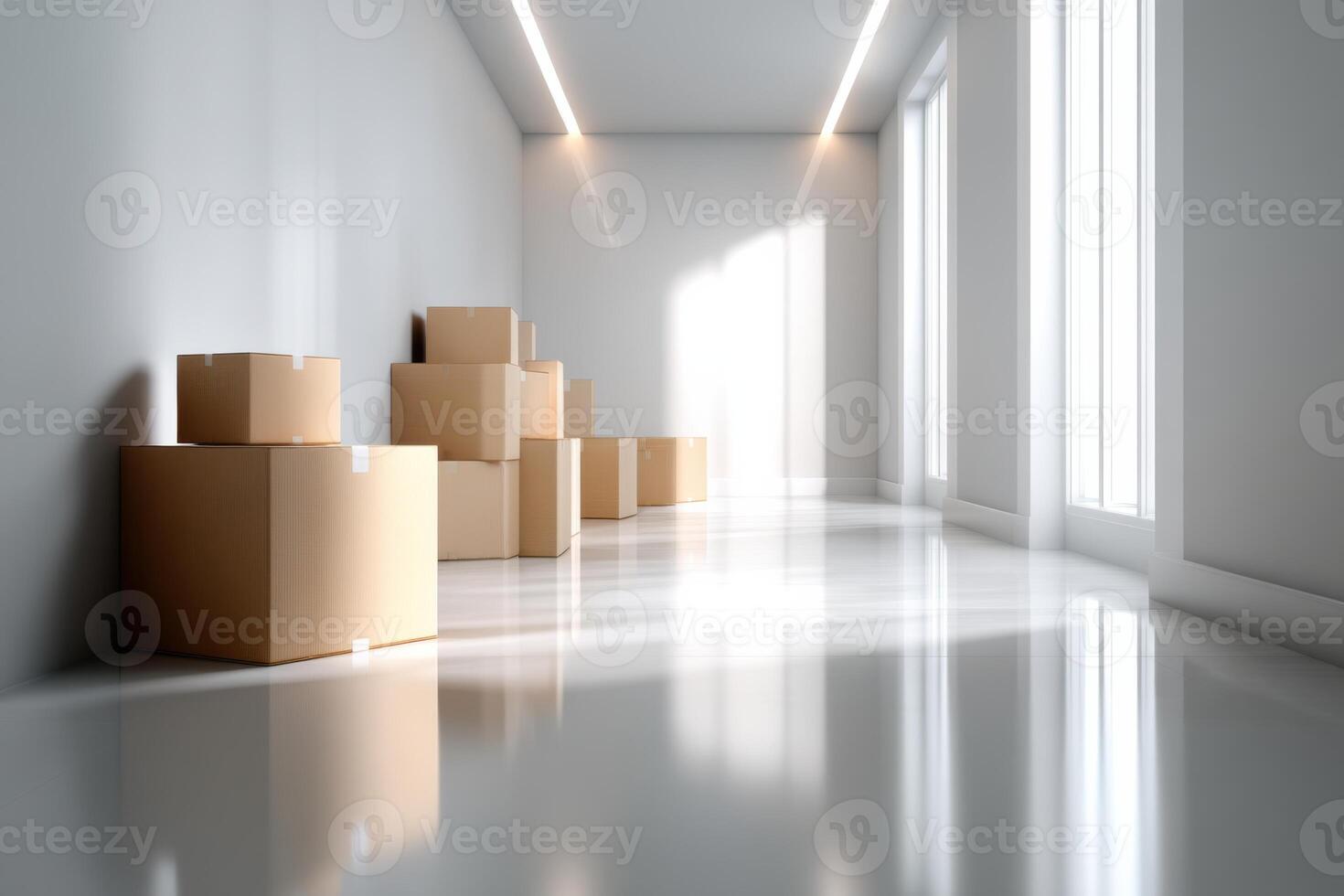 Bright and spacious room filled with organized cardboard boxes ready for moving or storage photo