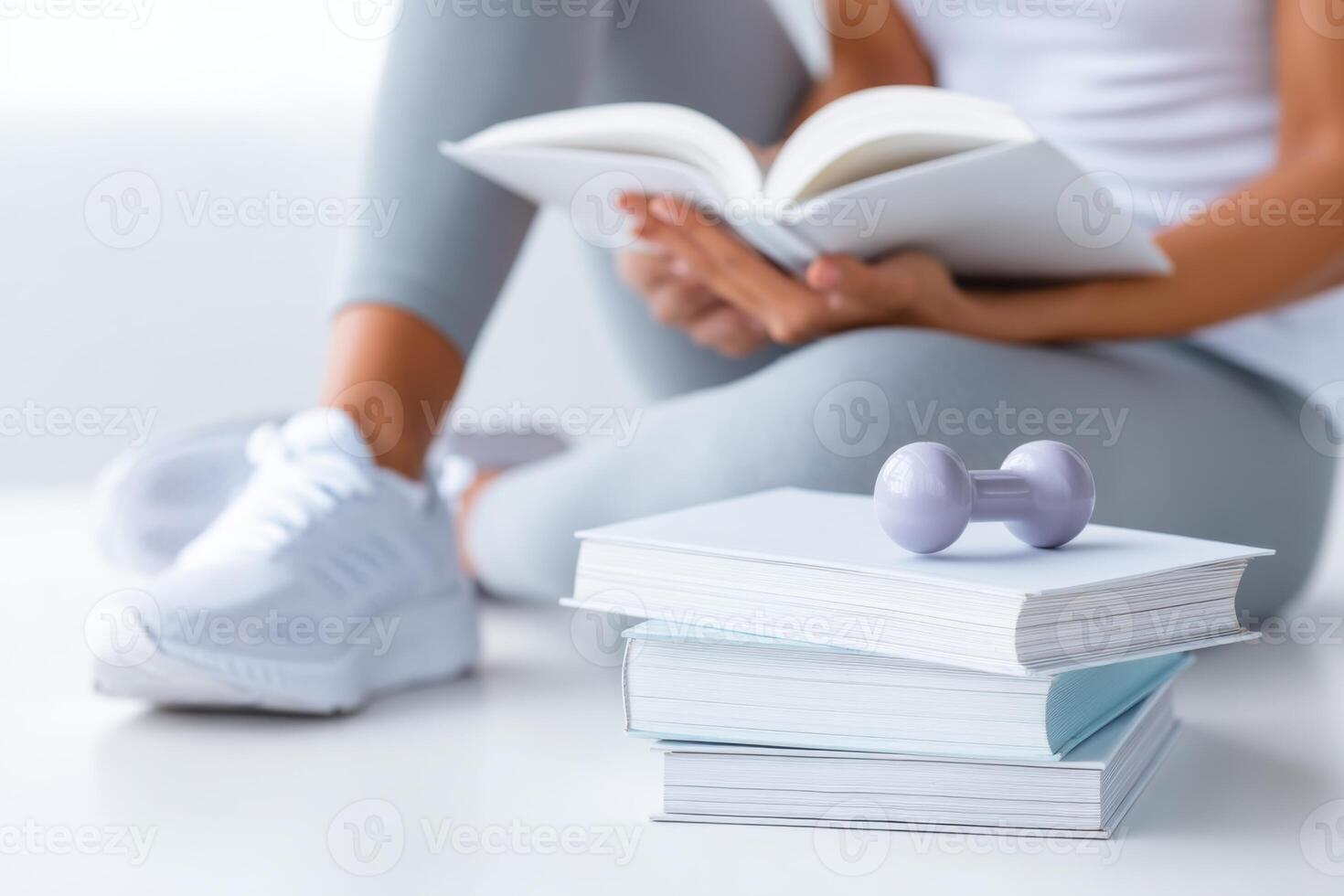 Mockup of books and manuals on therapeutic physical training with person reading in a bright, inviting setting photo