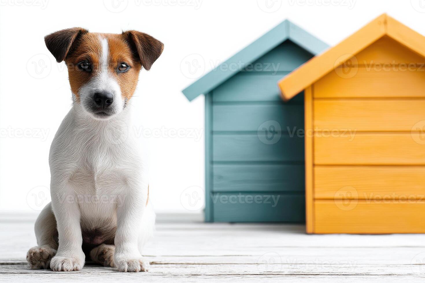 Colorful dog houses with a friendly dog sitting nearby on a bright white background photo