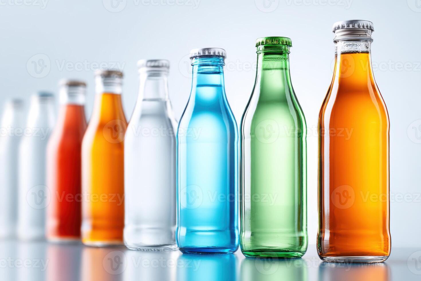 Colorful beverage bottles arranged in a vibrant display against a bright backdrop photo