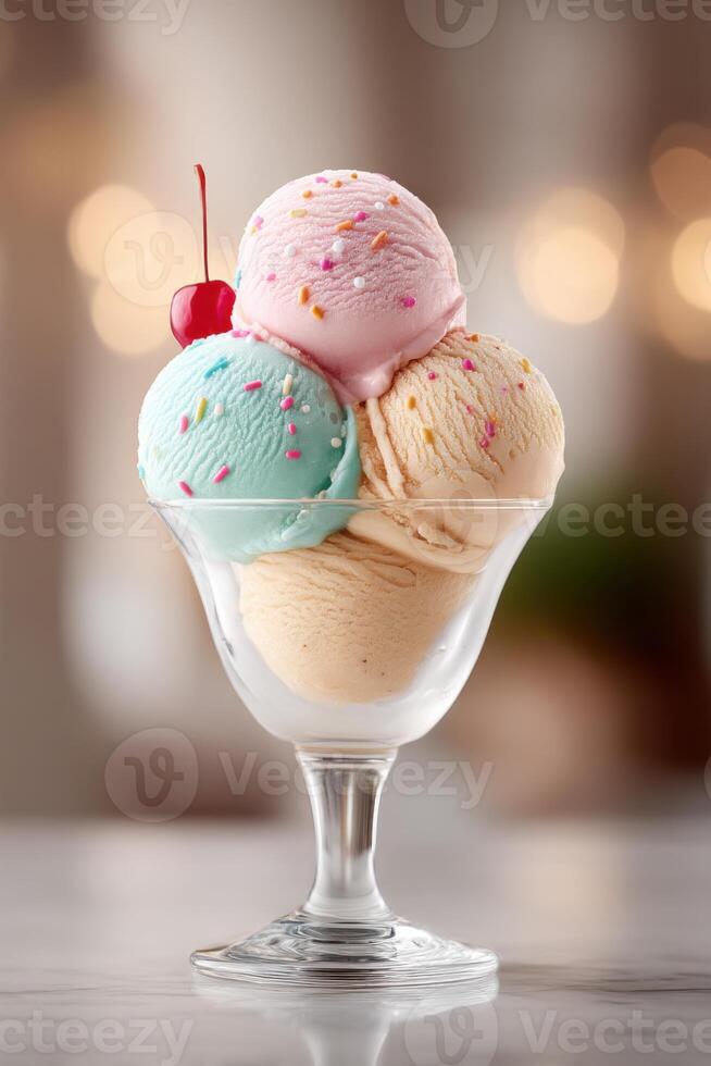 Delightful ice cream extravaganza with colorful scoops and toppings in elegant glass bowl photo