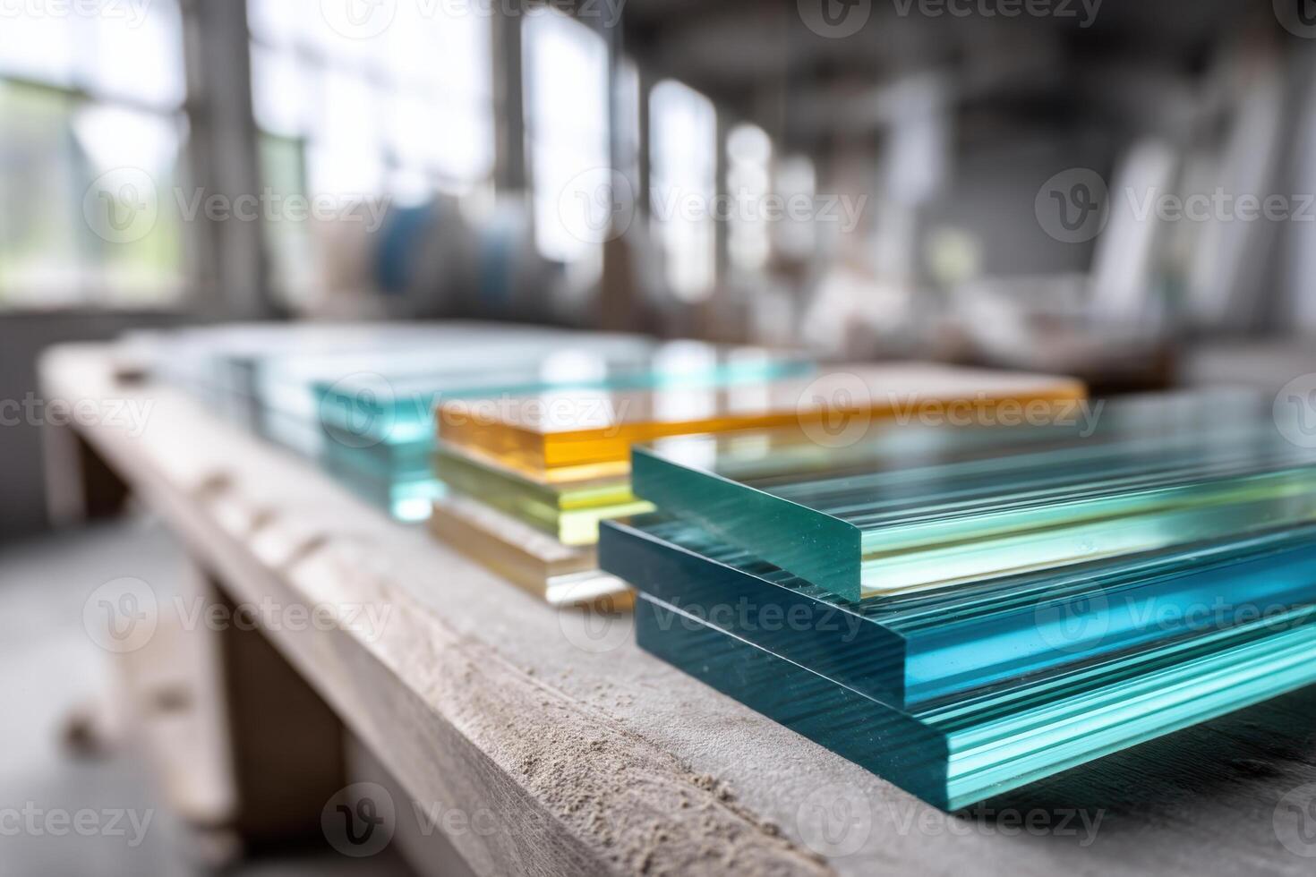 Bright and colorful window panes arranged neatly on contractors workspace for replacements and repairs photo