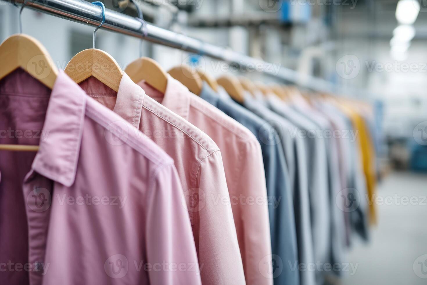 Close-up of jacket designs hanging on production line in vibrant factory environment with ample copy space photo