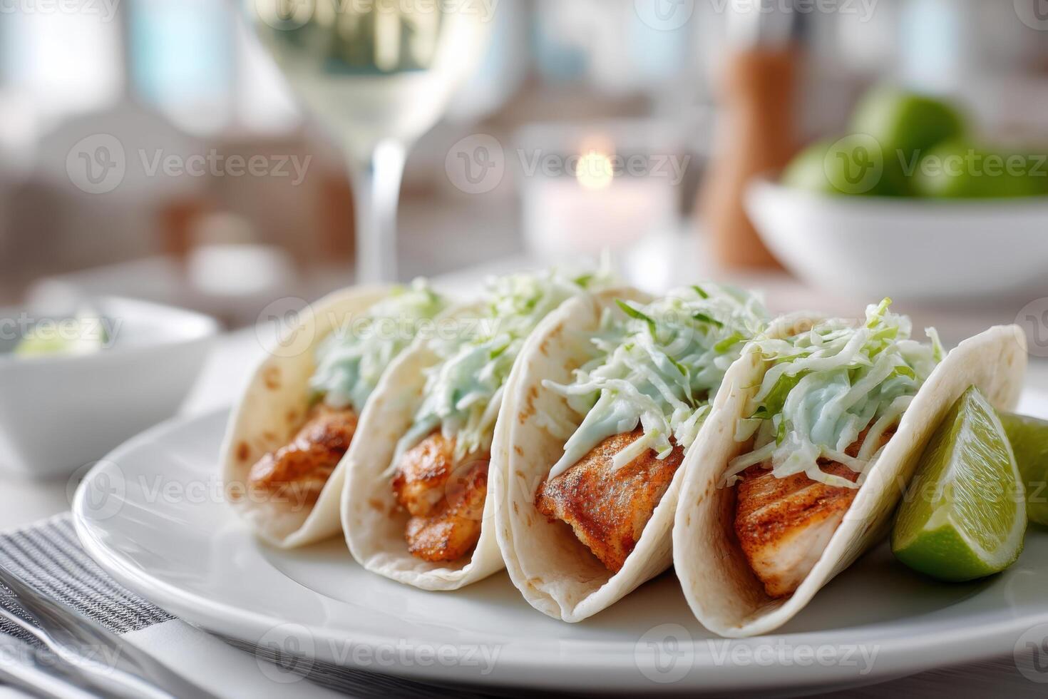 Delicious fish tacos garnished with cabbage slaw and lime wedges served in a casual dining setting photo