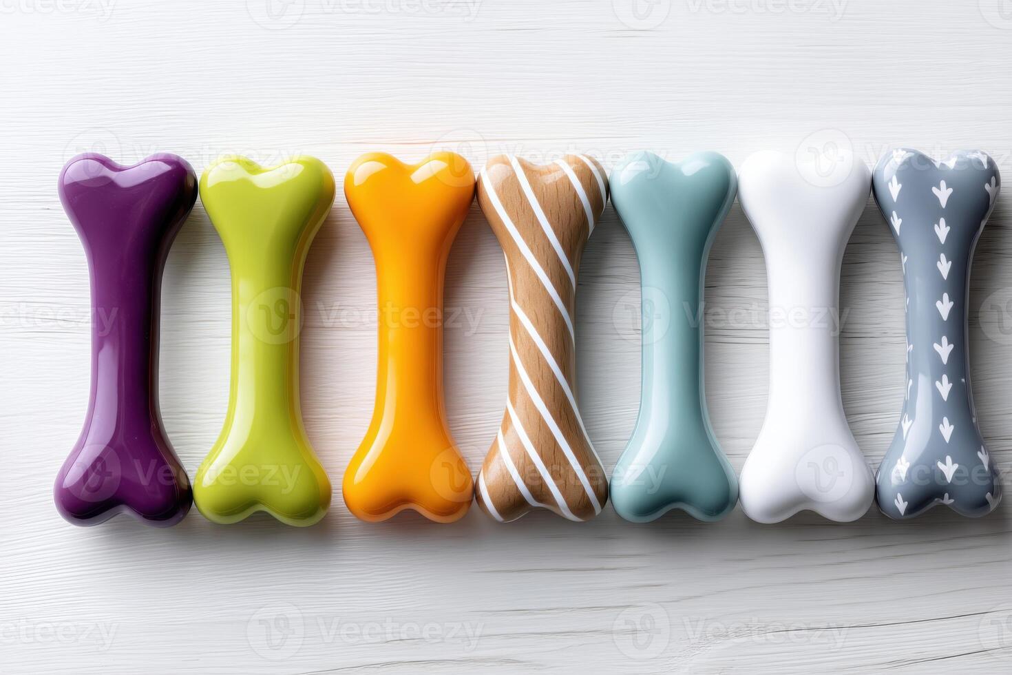Bright and colorful chew toys for dogs arranged on a clean white surface for playful moments photo