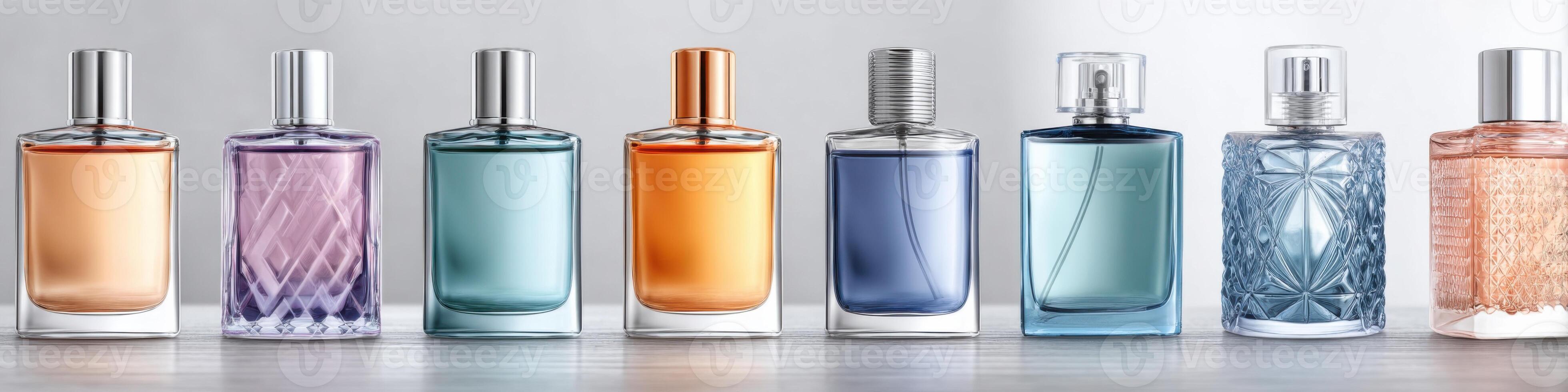 Colorful mockup of decorative perfume bottles with an empty area for advertising space photo