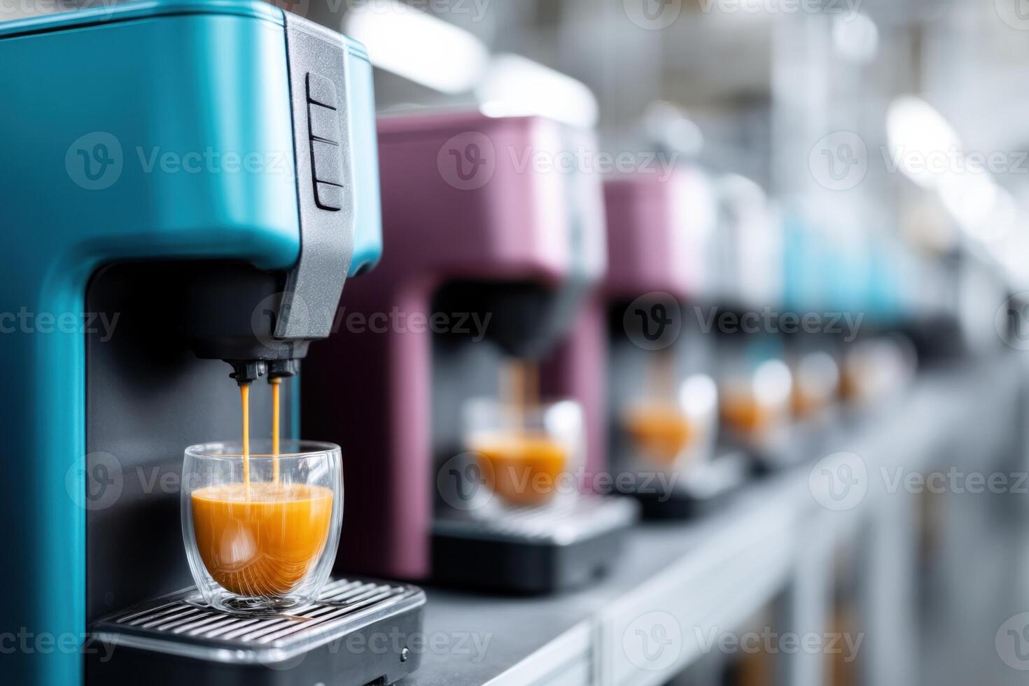 Close-up view of colorful coffee machine designs in a vibrant manufacturing environment photo