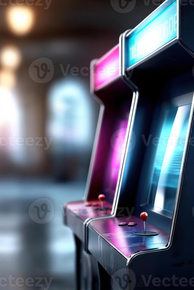 Colorful arcade machines create a lively atmosphere for friends enjoying a game night together photo
