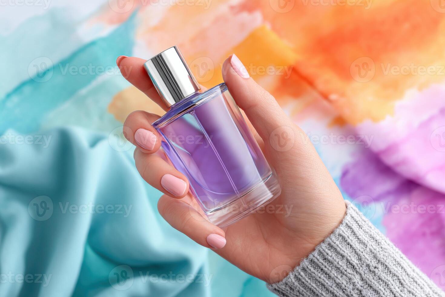 Colorful perfume bottle held by hands against vibrant background with ample space for text photo