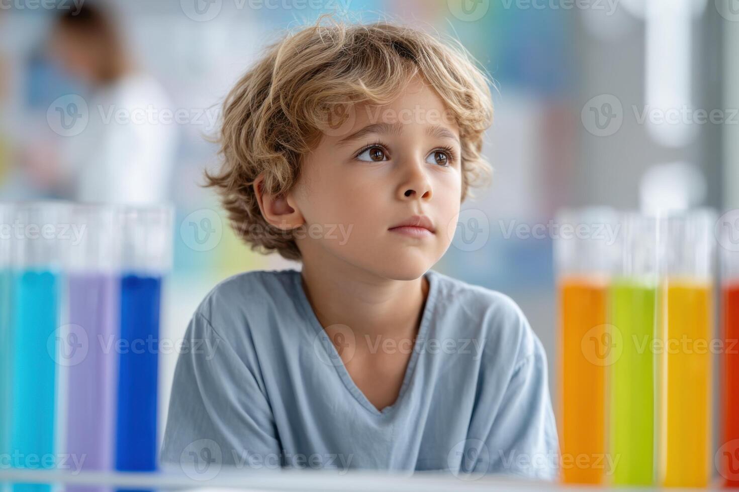 Young boy feels anxious waiting at a pediatric clinic surrounded by colorful decorations and activities photo