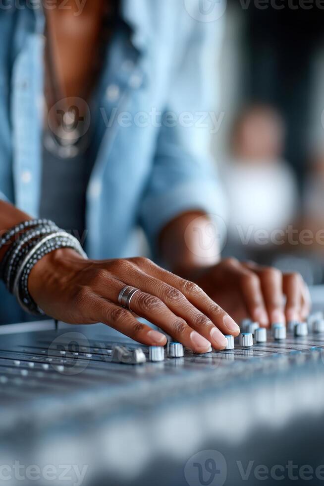 Skilled operator adjusts sound equipment dials in studio setting with focus on audio control photo