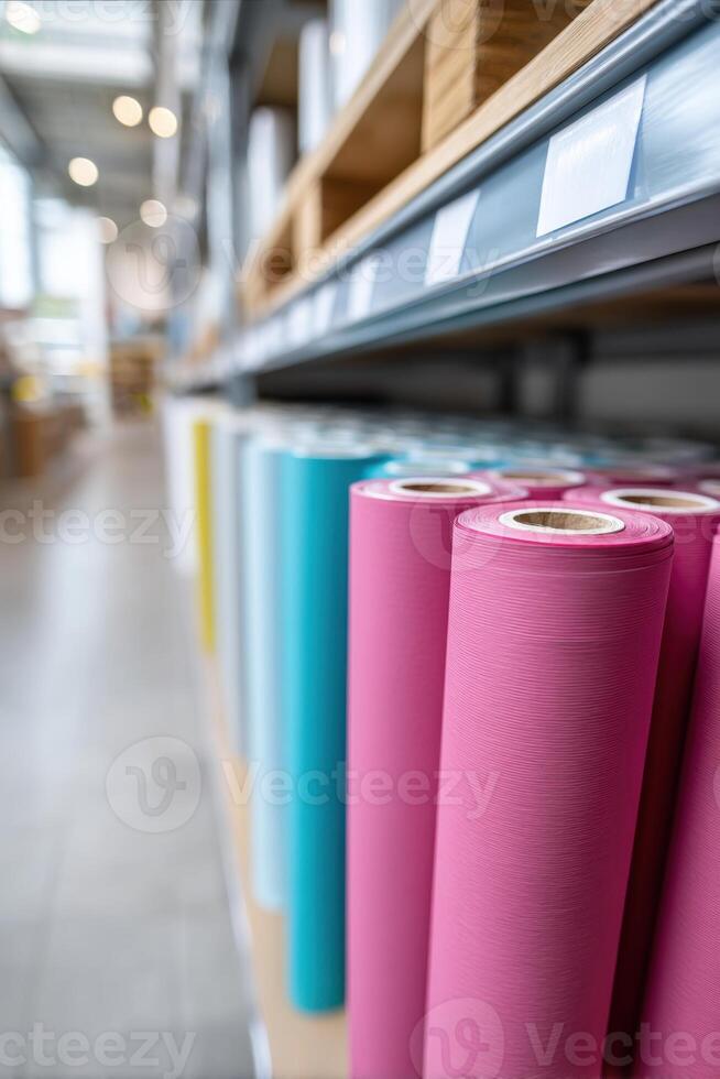 Cheerful garage with organized wrapping paper rolls on display, perfect for festive projects photo