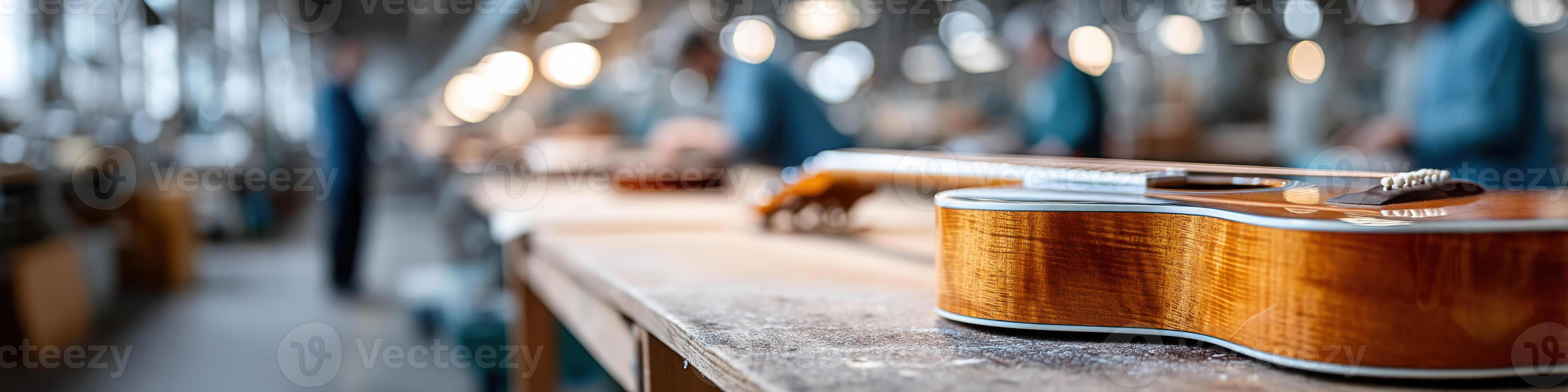 Crafting musical instruments in a vibrant factory setting with skilled artisans at work photo