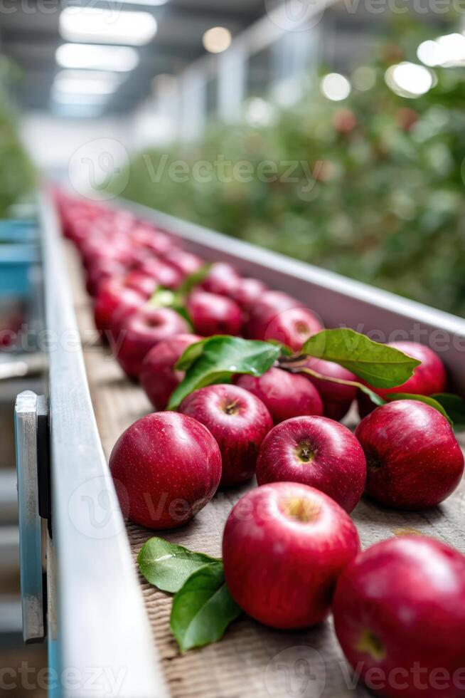 Vibrant apple factory production line showcasing fresh harvested apples and lively branding efforts photo
