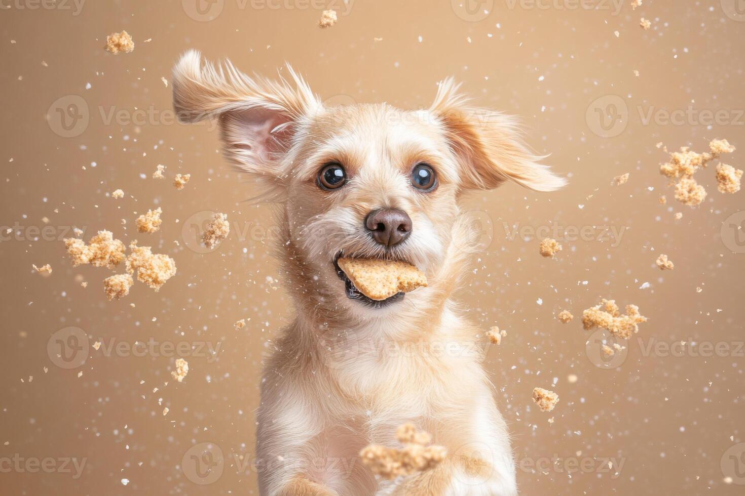Dog happily enjoying its favorite treat with crumbs flying in the air during a cozy snack time photo