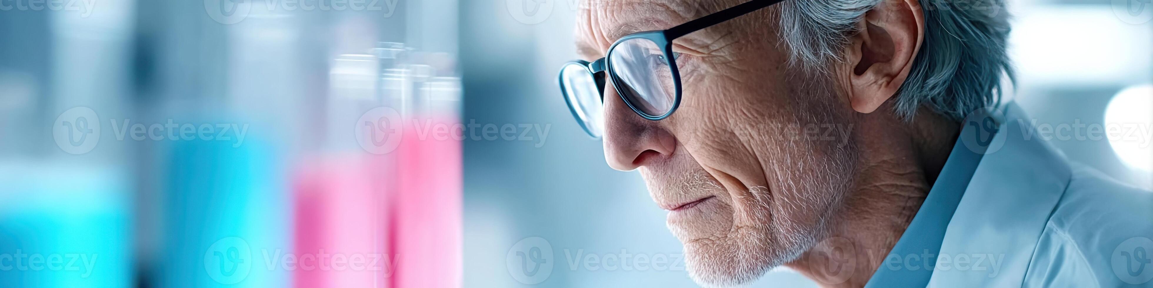 Elderly Hispanic male nuclear scientist analyzes data in colorful office setting photo