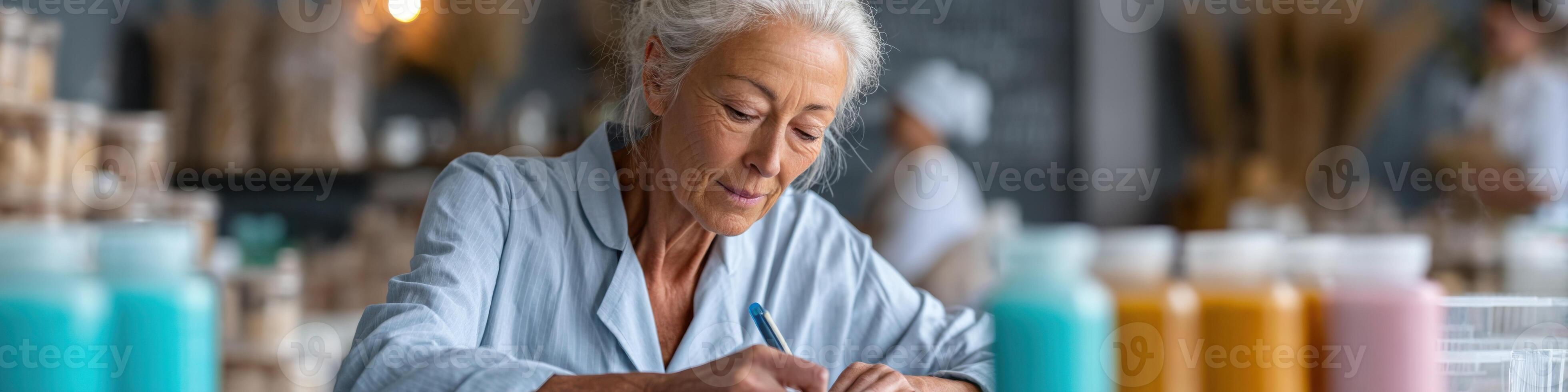 Elderly female embalmer organizes tools in a colorful workspace with focus and precision photo