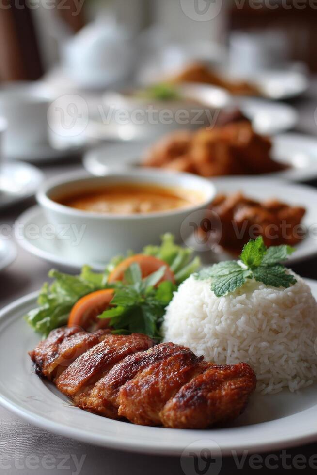 Delicious Nasi Kandar served with curries and fried chicken at a vibrant dining table photo
