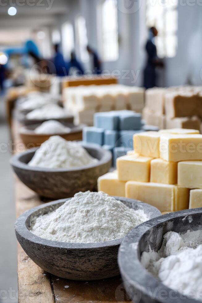 Close-up view of raw materials in soap production highlighting various ingredients and textures photo