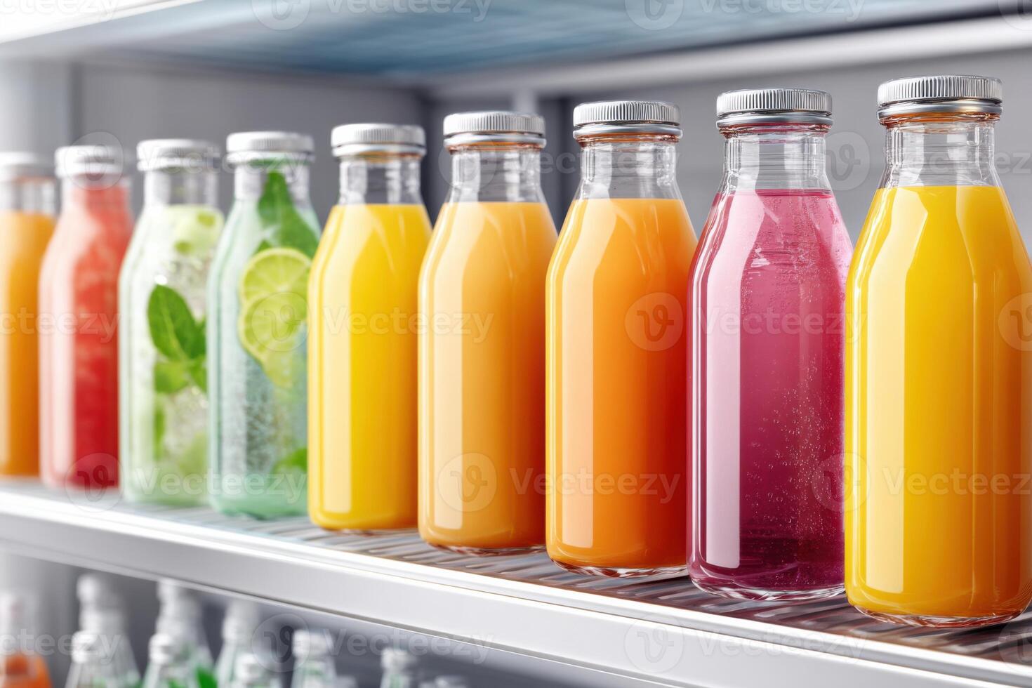 Vibrant display of assorted beverages in clear bottles during a lively production setup photo