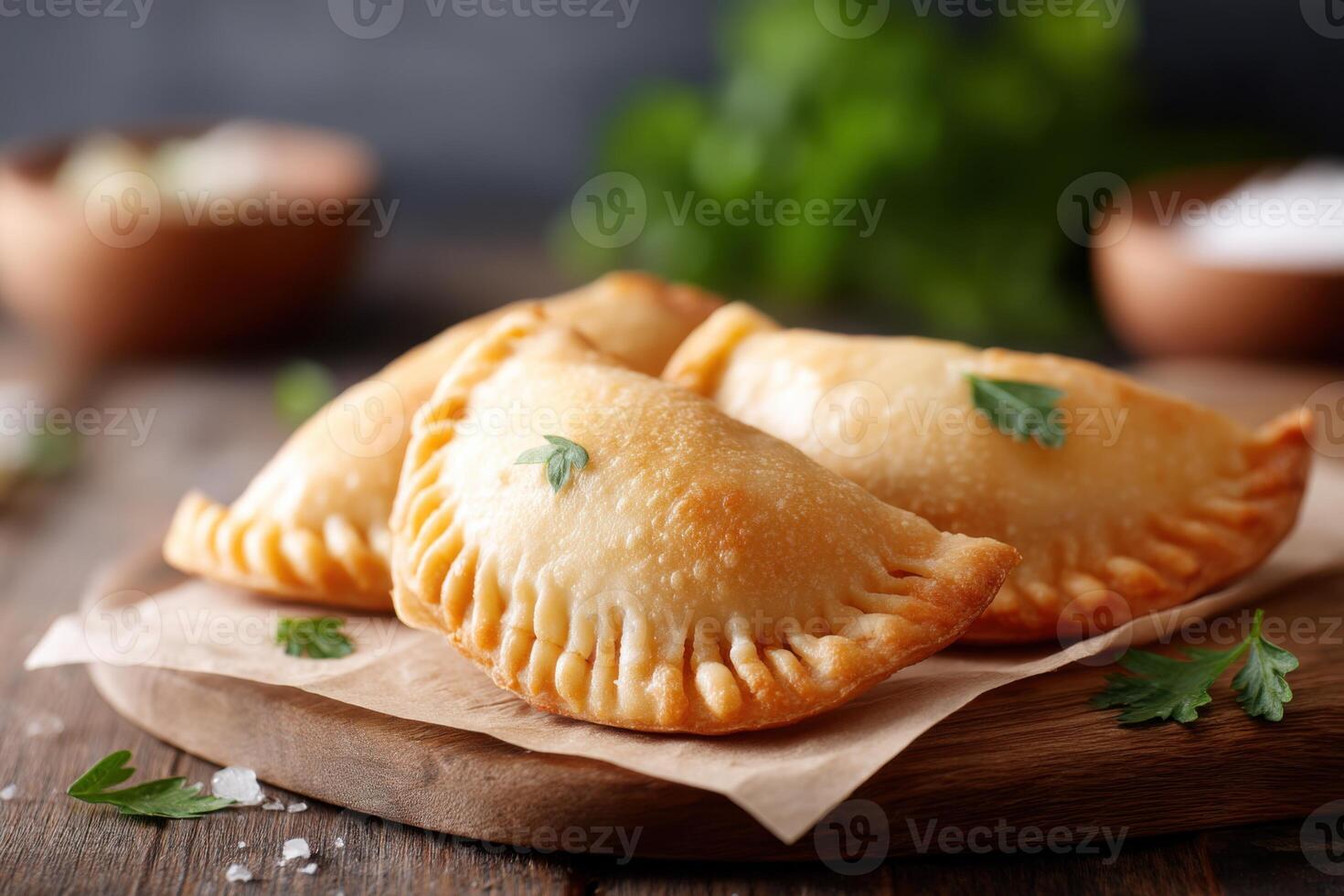 Delicious golden empanadas filled with meat and vegetables on rustic wooden table photo
