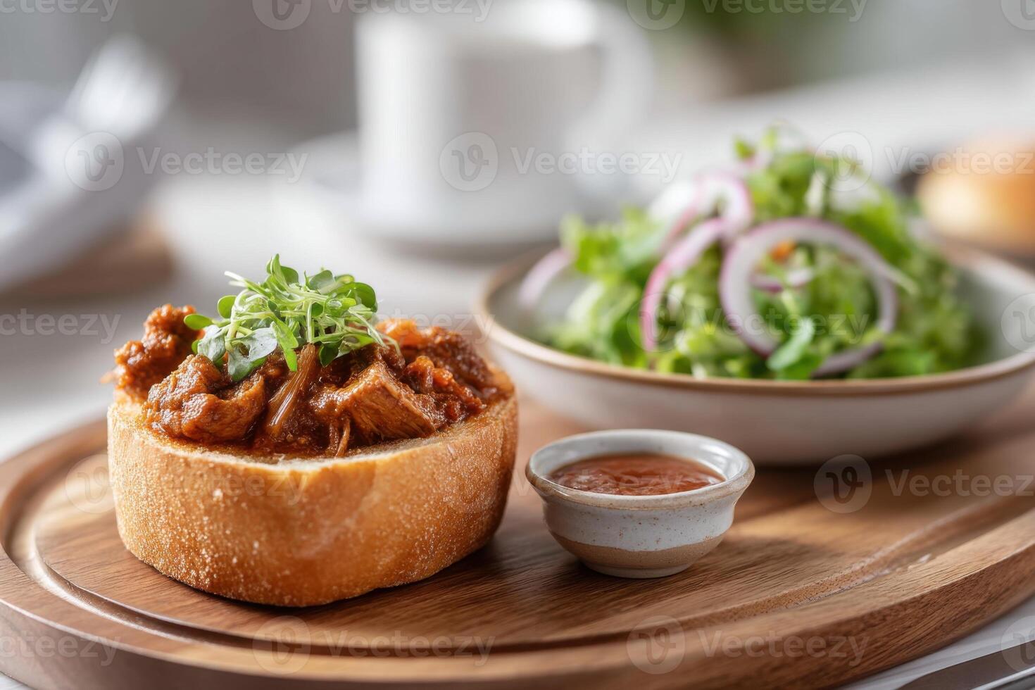 Savor spicy veggie-filled bunny chow served on a wooden platter with a fresh side salad photo