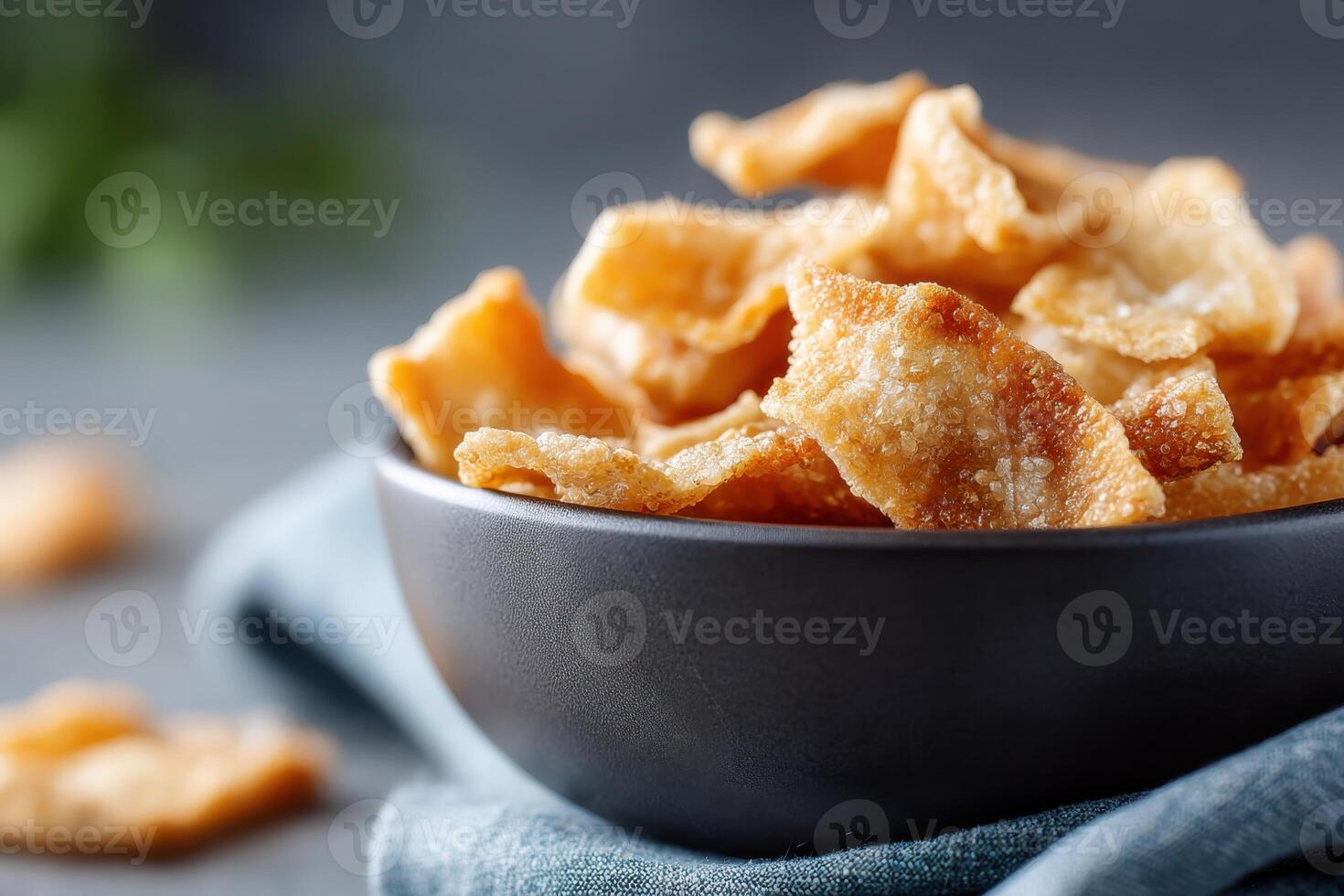 Crunchy pork cracklings served in a rustic bowl on a textured surface photo