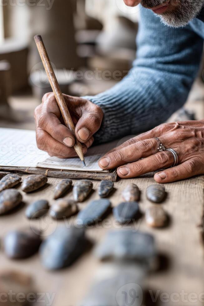 Restoration of Egyptian relics by skilled artisan in a vibrant workspace photo
