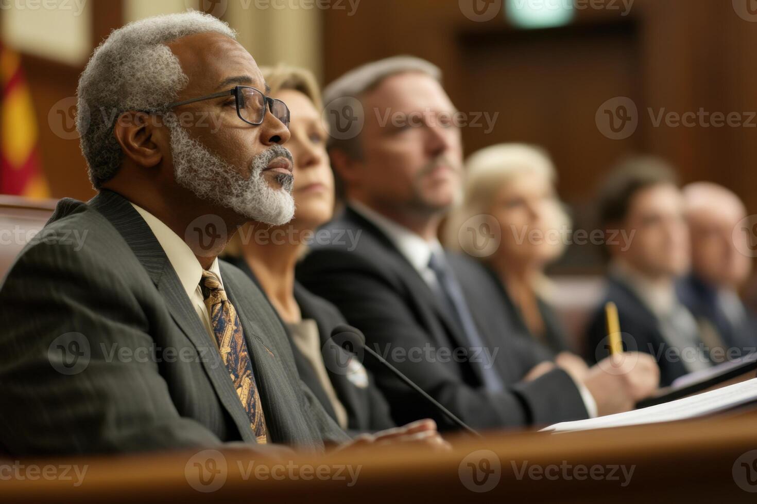 Diverse judges and lawyers engage in courtroom discussions during important legal proceedings photo