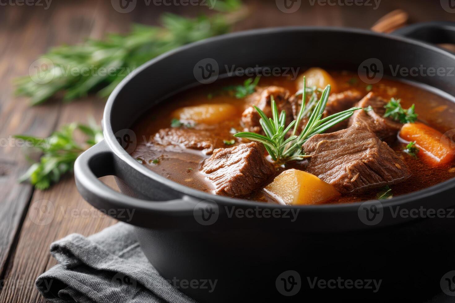 Hearty venison stew simmering in a rustic pot with fresh herbs and vegetables ready for dinner photo