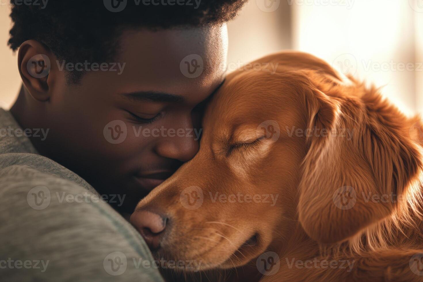Young Black man finds healing and companionship with support animal in therapeutic setting photo